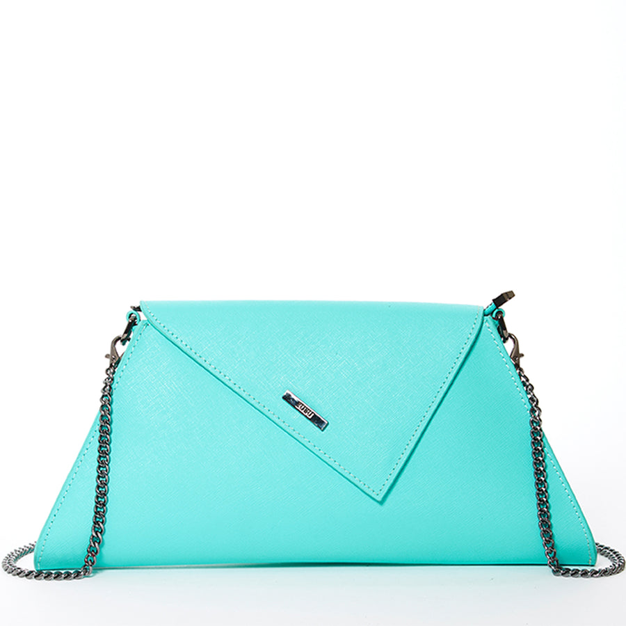turquoise leather clutch