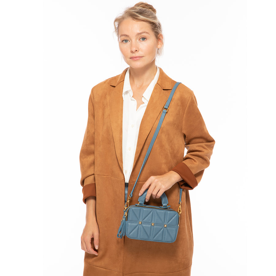 blue leather crossbody purse