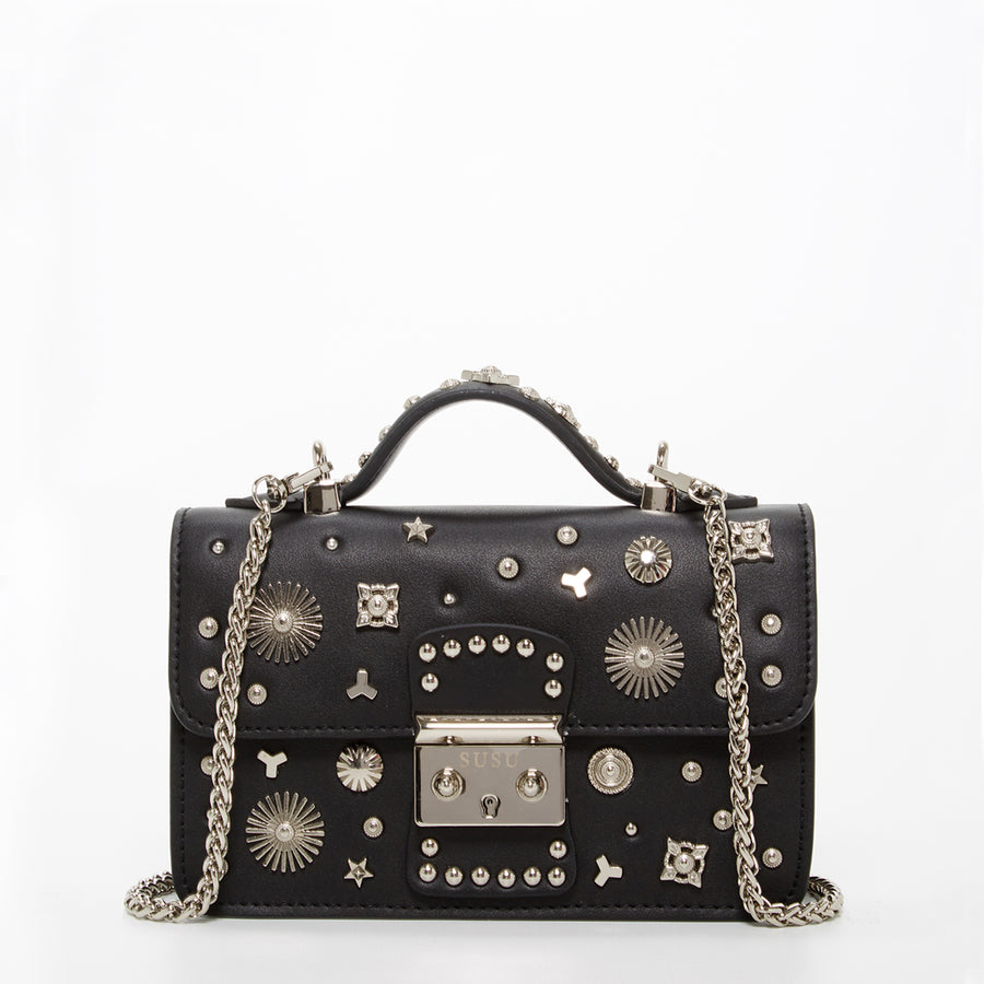 black leather crossbody bag with silver hardware