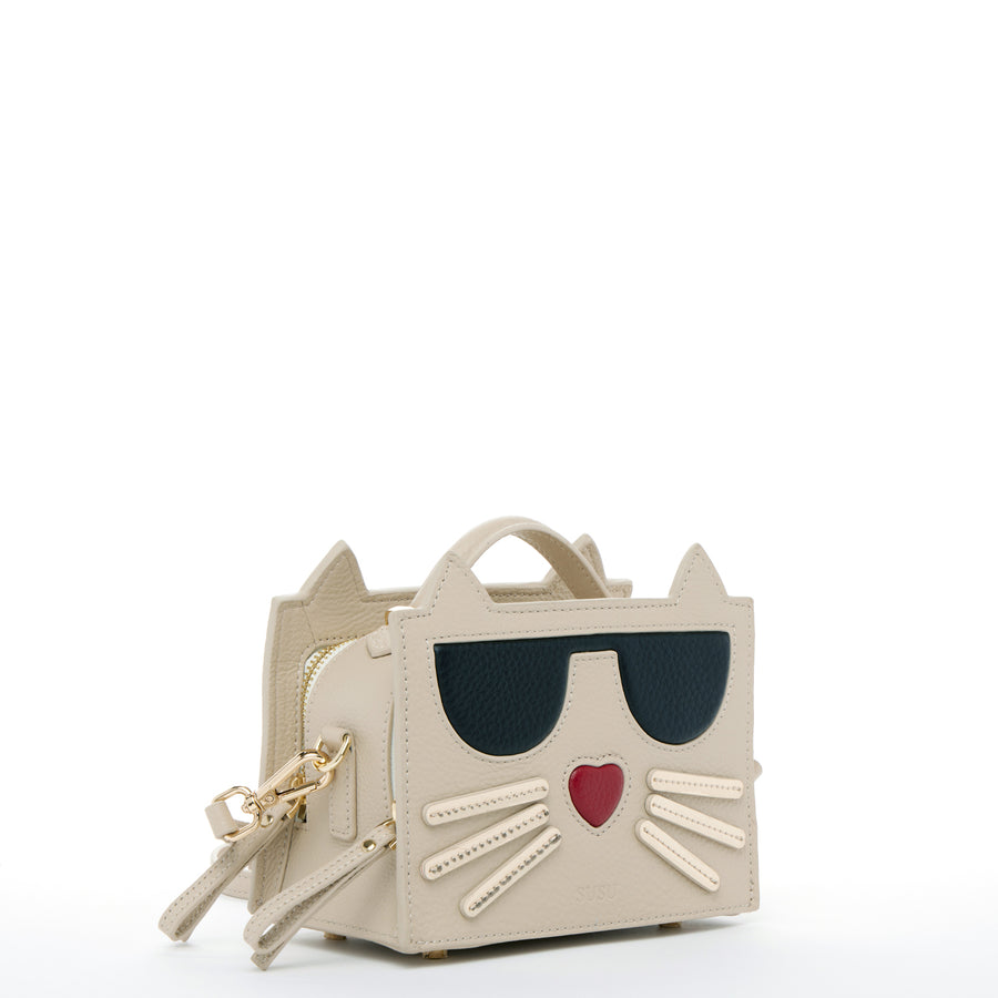 SUSU Leather Cat Crossbody Bag Light Beige Cream Handbag