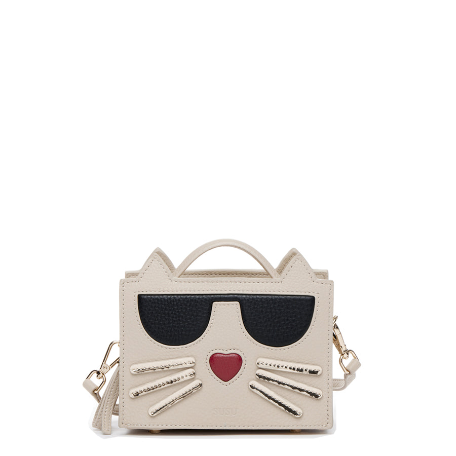 SUSU Leather Cat Crossbody Bag Light Beige Cream Handbag