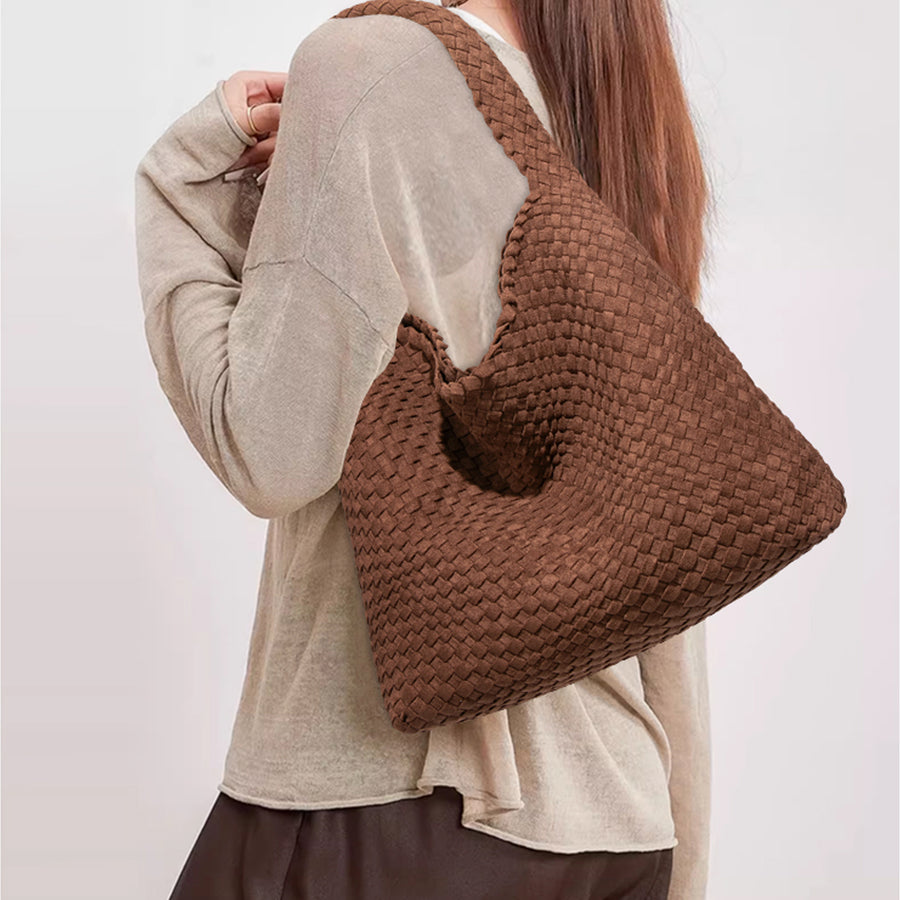Brown Suede Woven Hobo Bag