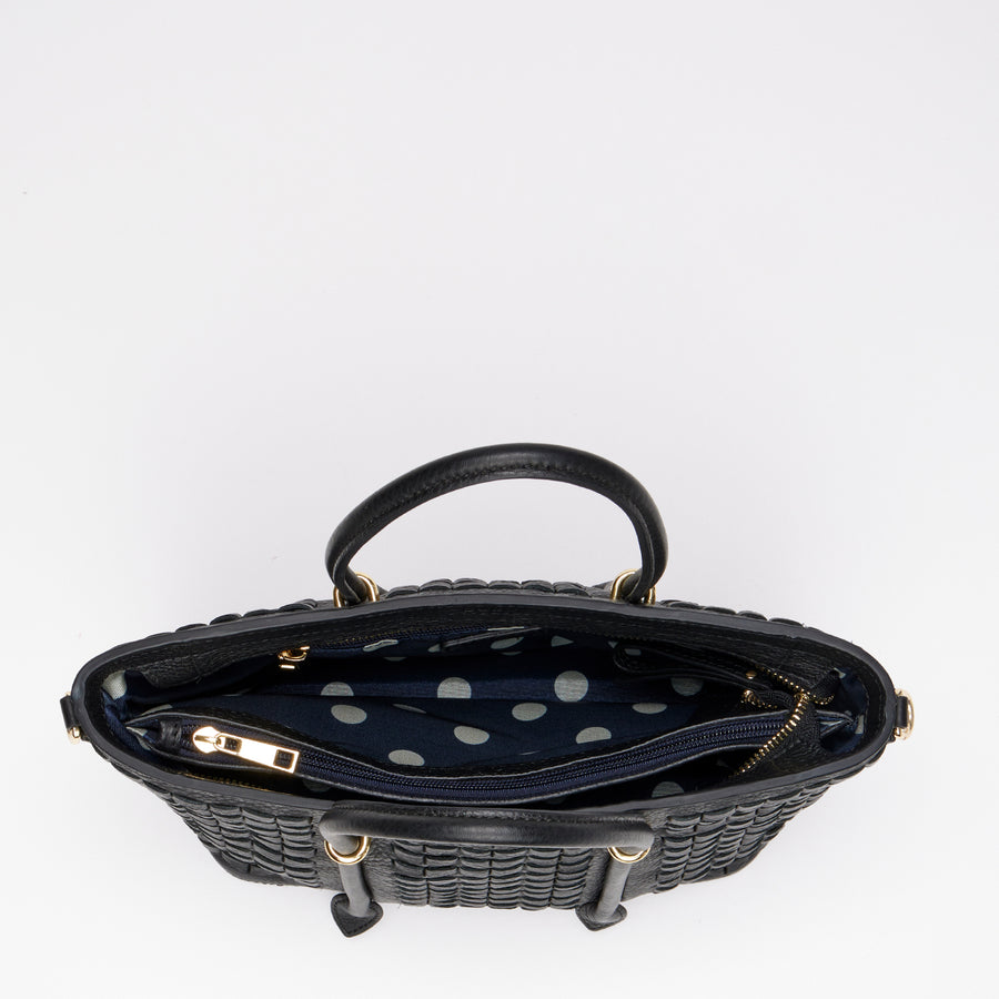 Black Leather Woven Satchel Bag