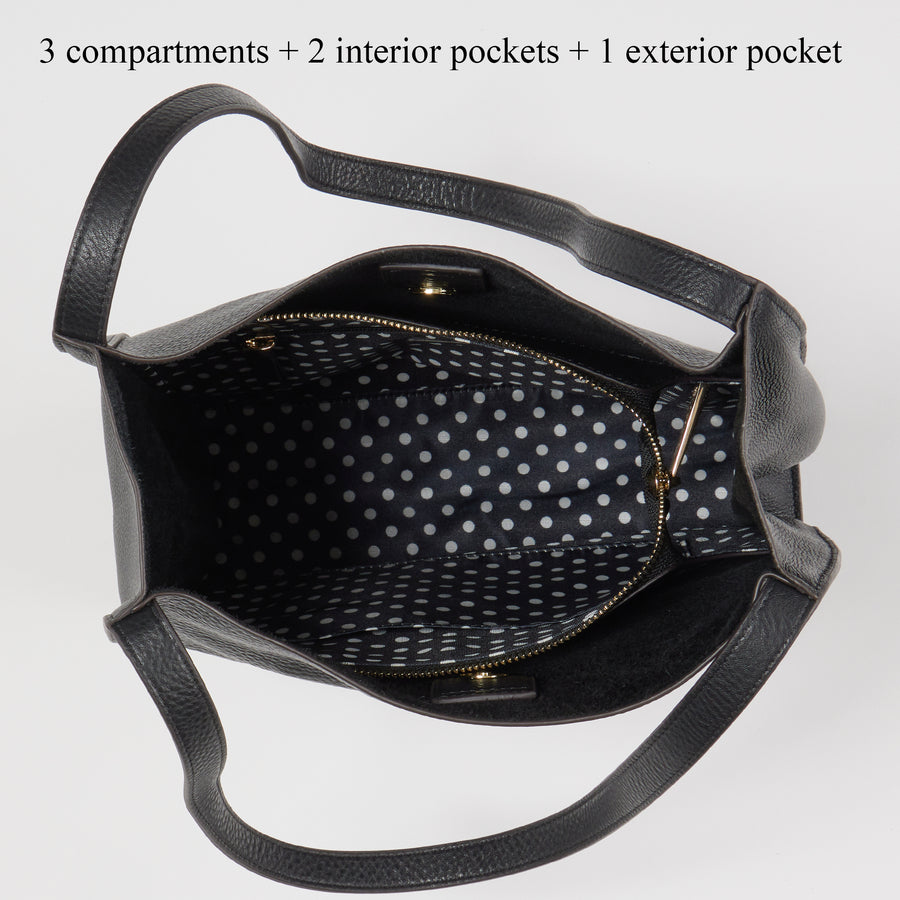 Black Pebble Leather Shoulder Tote Bag for Women