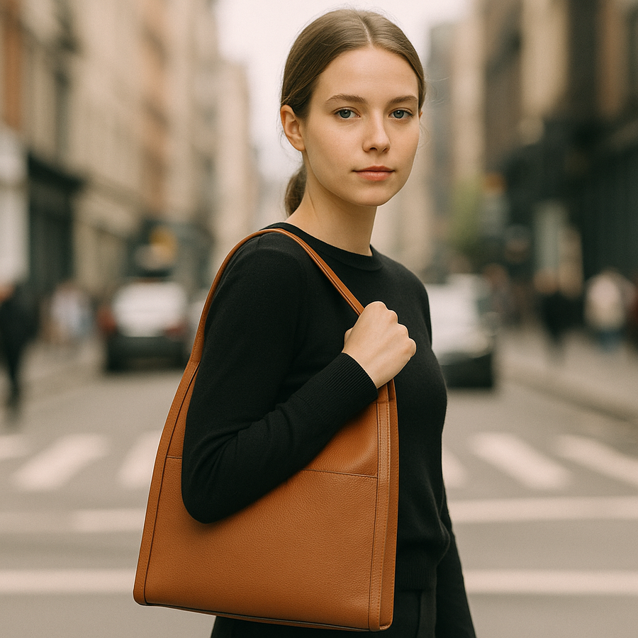 Brown Pebble Leather Shoulder Tote Bag for Women