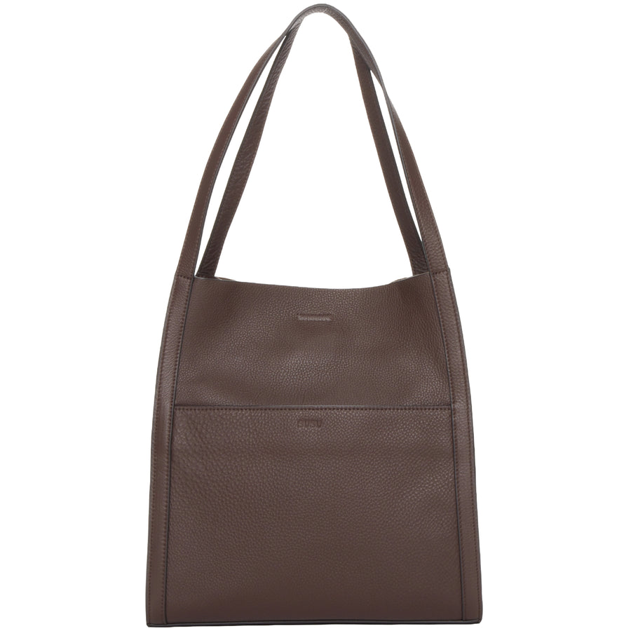 Chocolate Brown Pebble Leather Shoulder Tote Bag for Women
