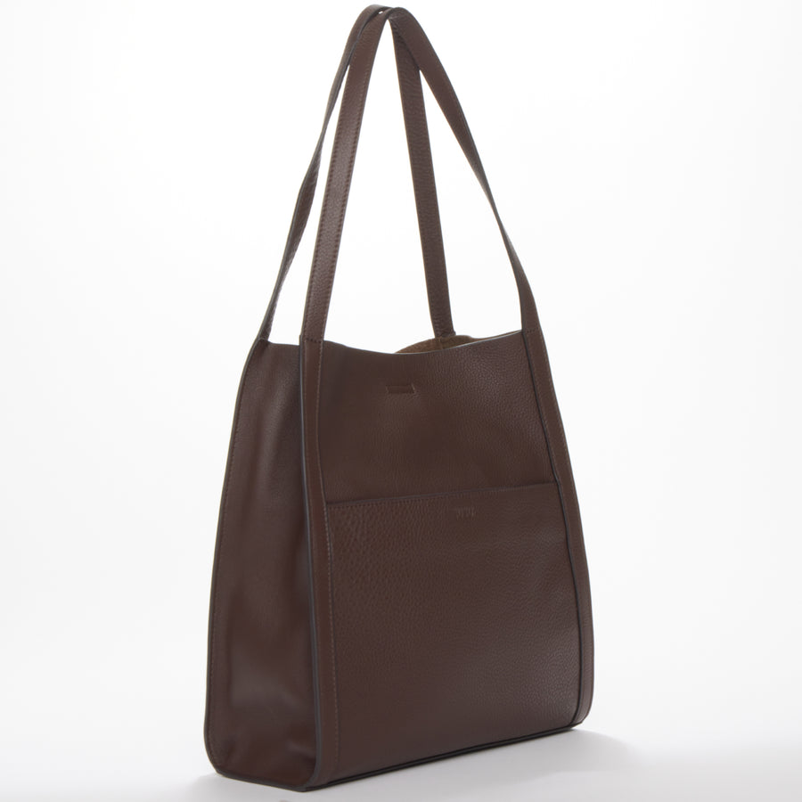 Chocolate Brown Pebble Leather Shoulder Tote Bag for Women