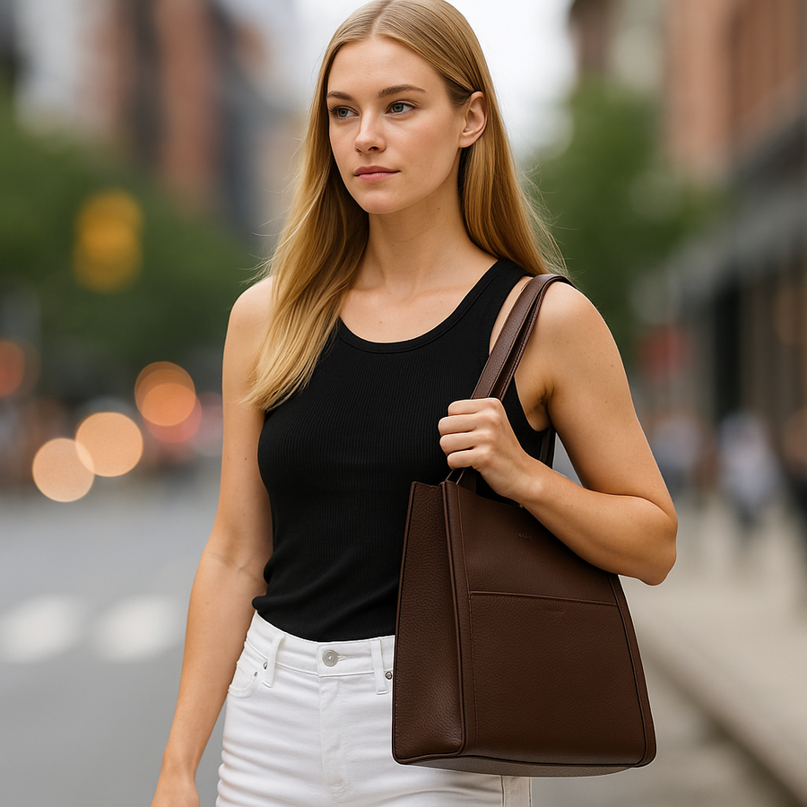 Chocolate Brown Pebble Leather Shoulder Tote Bag for Women