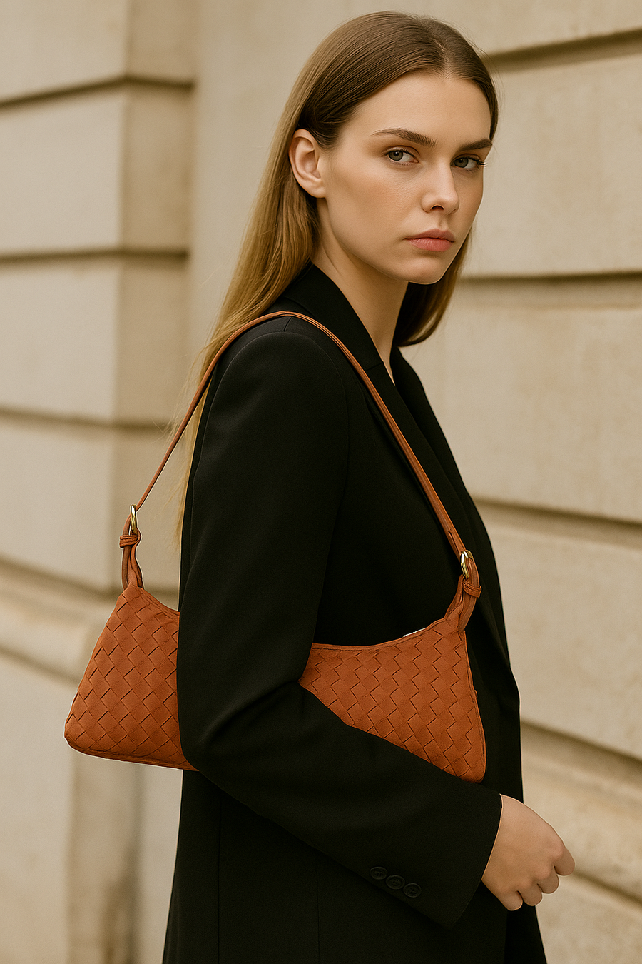 The Verona Woven Baguette Shoulder Bag Brown