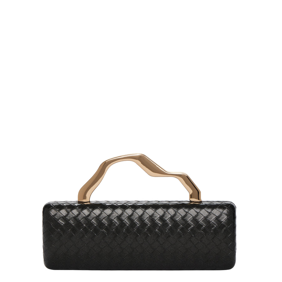 Black Metal Top Handle Woven Evening Clutch