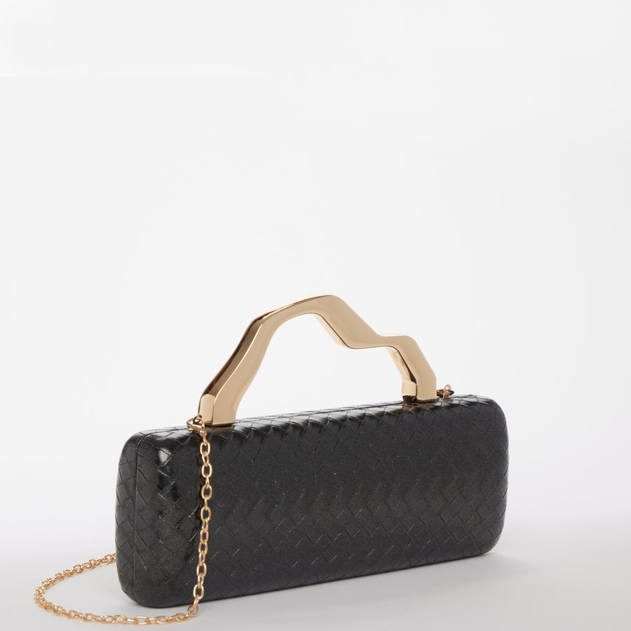 Black Metal Top Handle Woven Evening Clutch