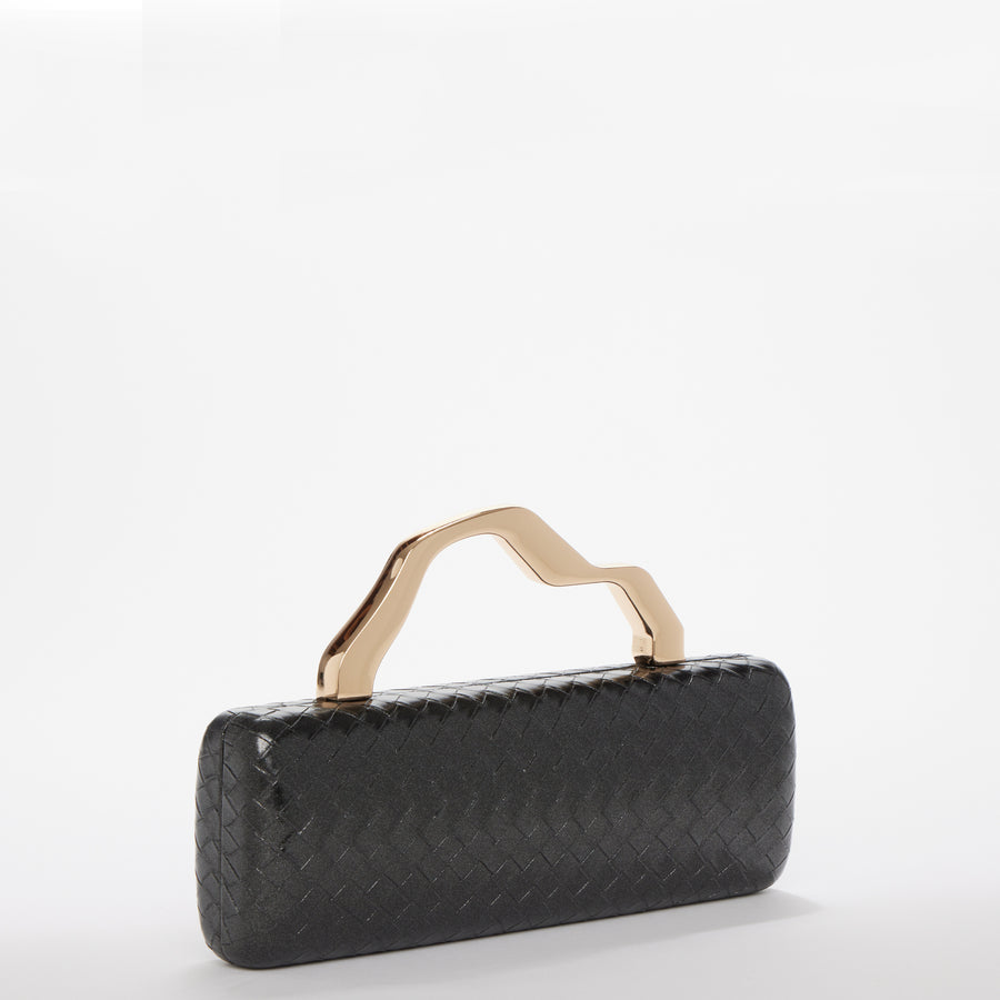 Black Metal Top Handle Woven Evening Clutch