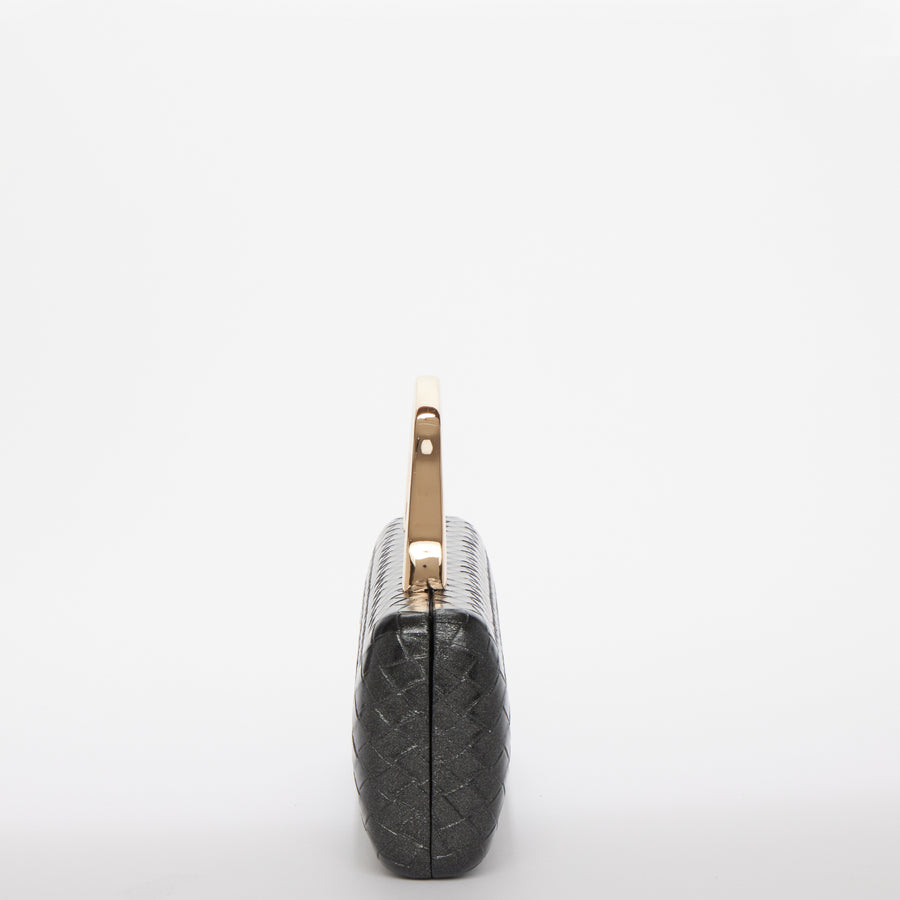 Black Metal Top Handle Woven Evening Clutch