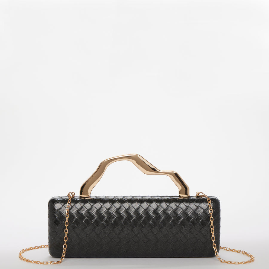 Black Metal Top Handle Woven Evening Clutch