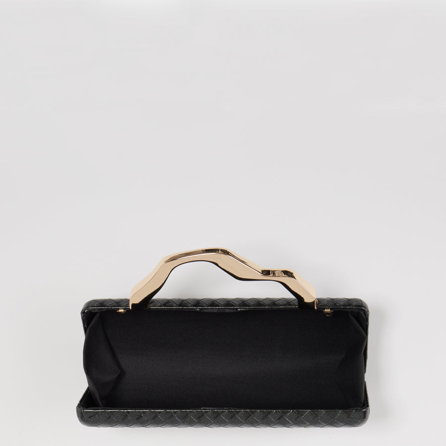 Black Metal Top Handle Woven Evening Clutch