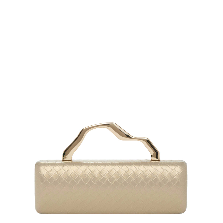 Champagne Gold Metal Top Handle Woven Clutch