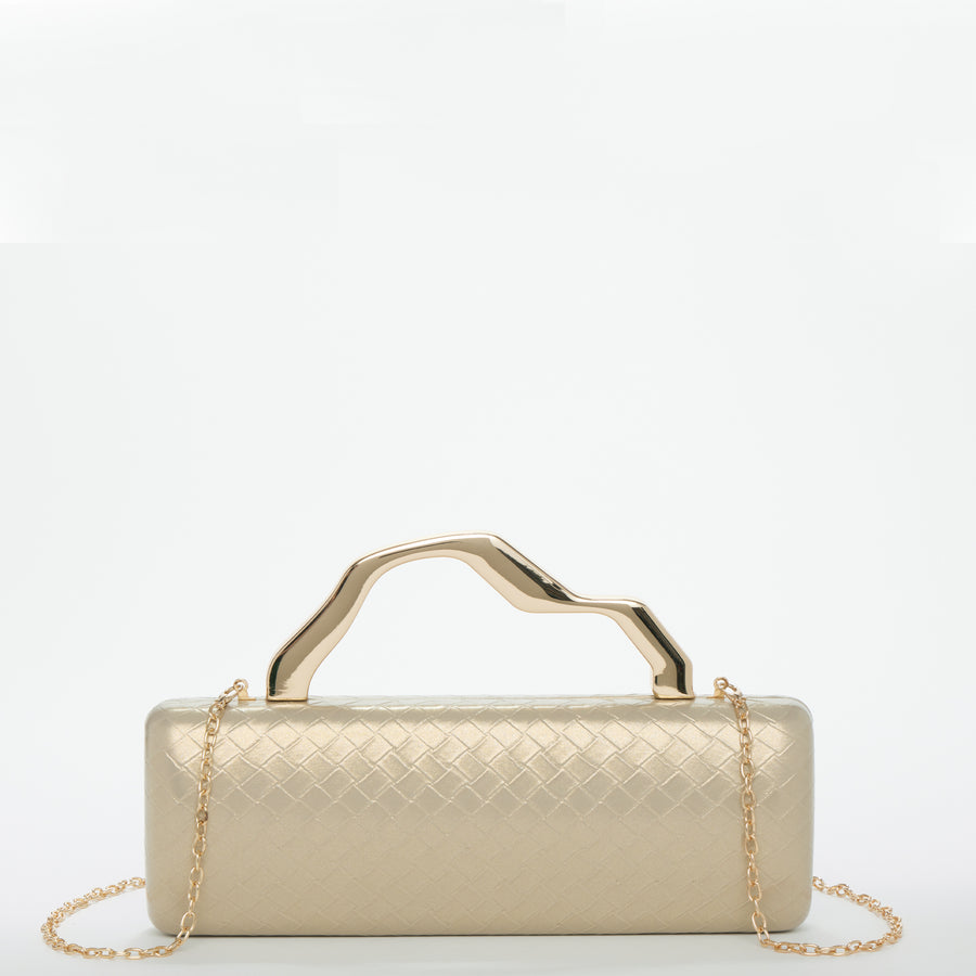 Champagne Gold Metal Top Handle Woven Clutch