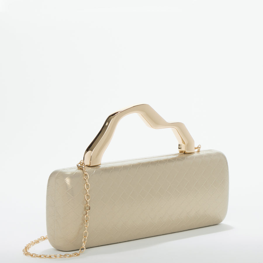Champagne Gold Metal Top Handle Woven Clutch