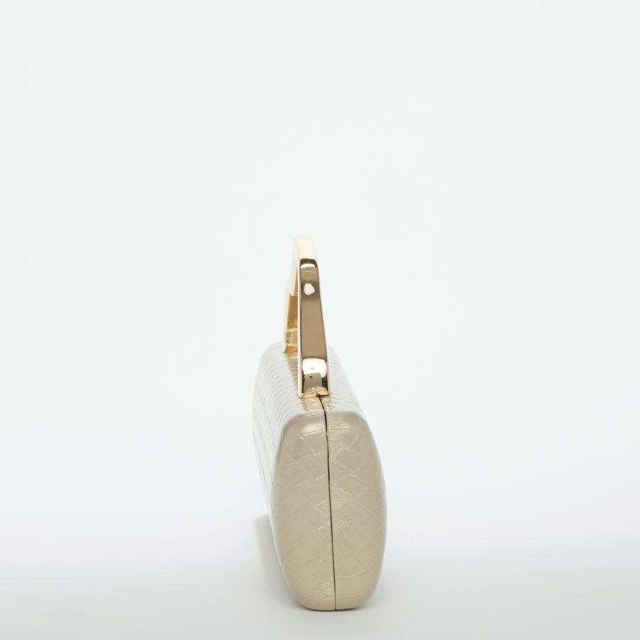 Champagne Gold Metal Top Handle Woven Clutch
