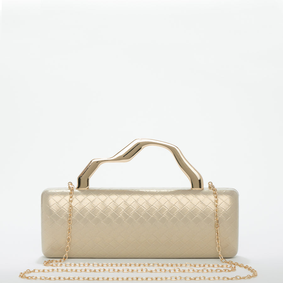 Champagne Gold Metal Top Handle Woven Clutch