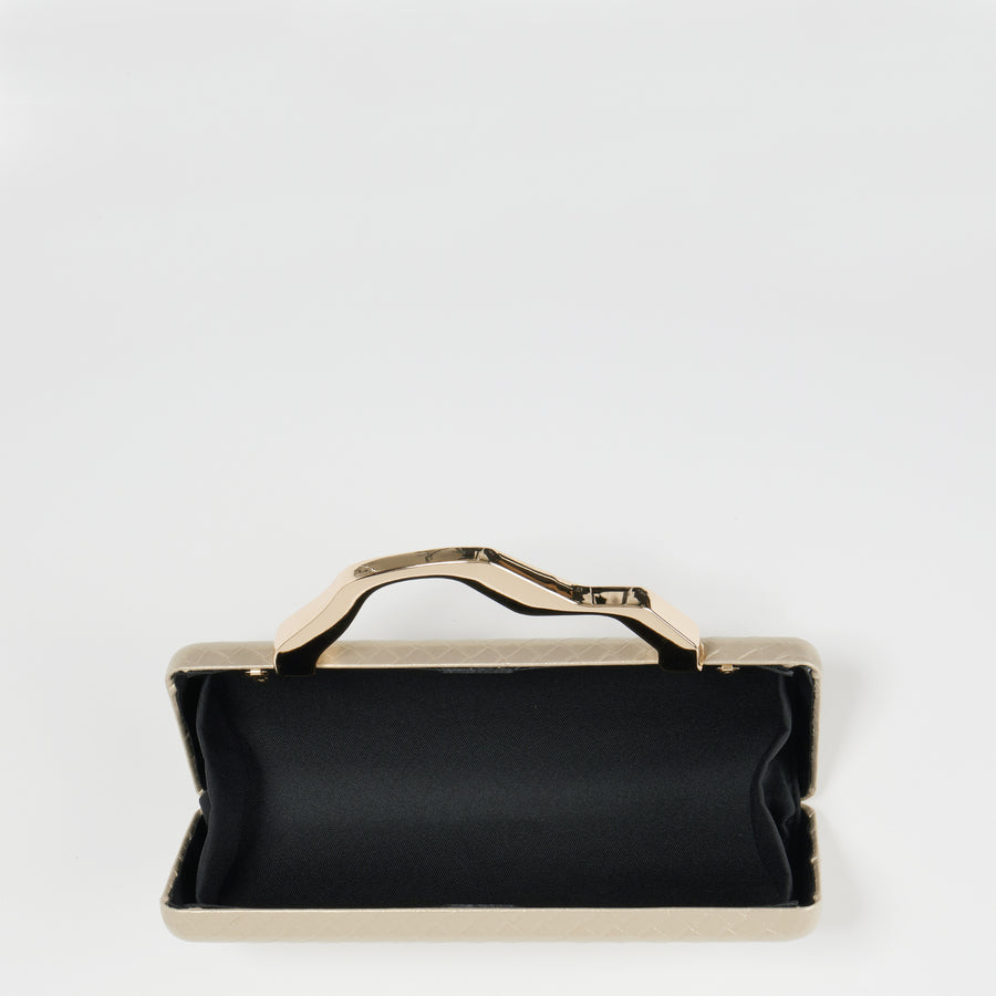 Champagne Gold Metal Top Handle Woven Clutch