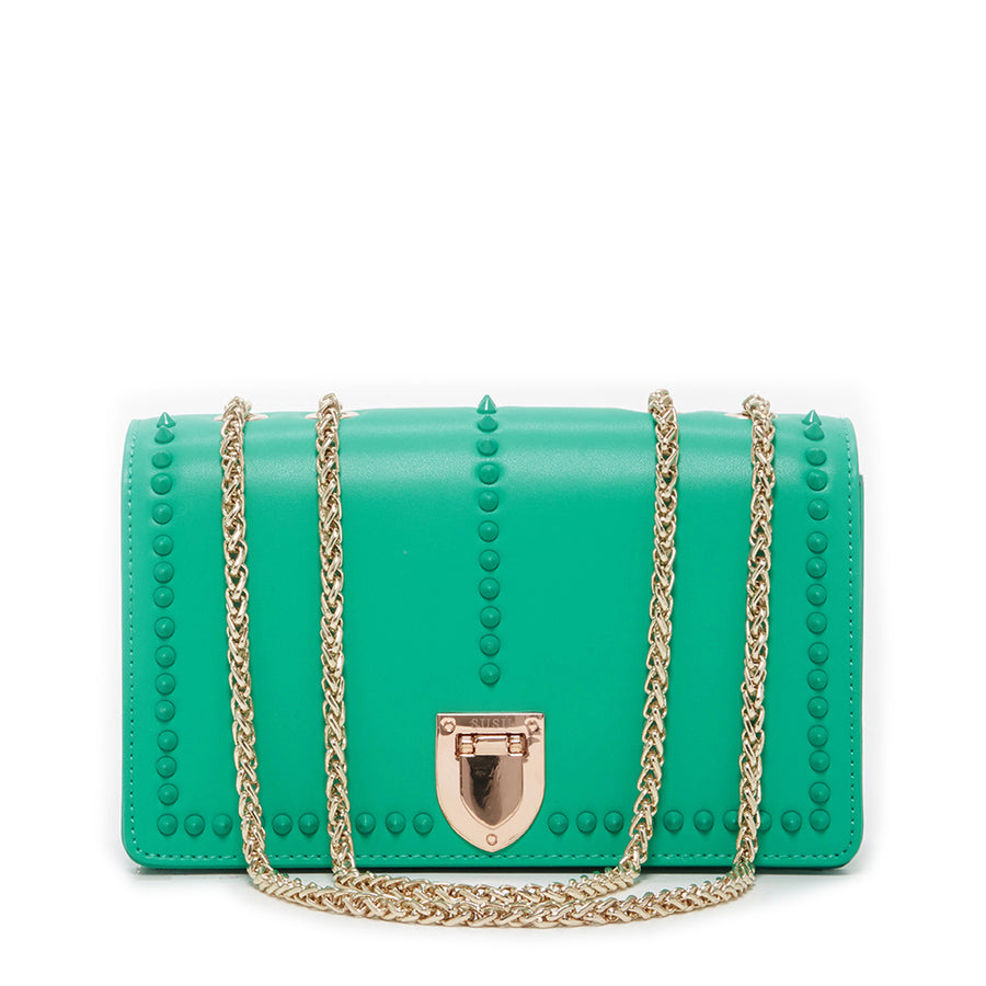 green leather purse