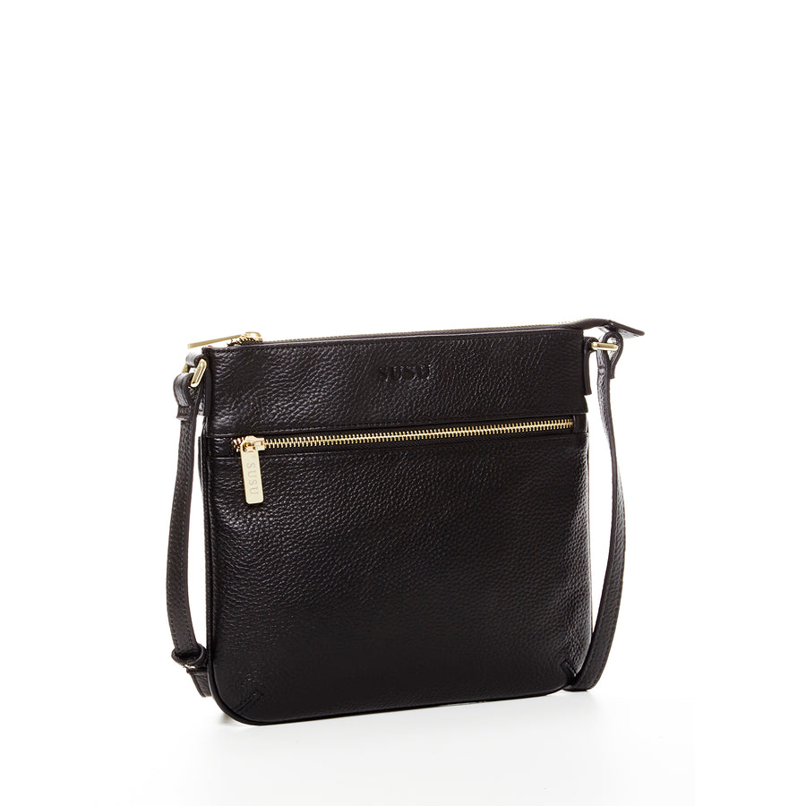 black leather crossbody bag with gold hardware